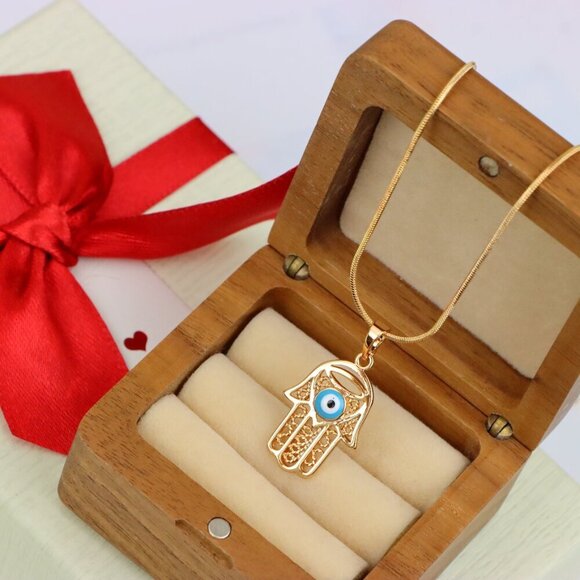 "Rose Gold Hamsa Hand Pendant with Blue Evil Eye and Filigree Design, XPPT1483 - Picture 8 of 12